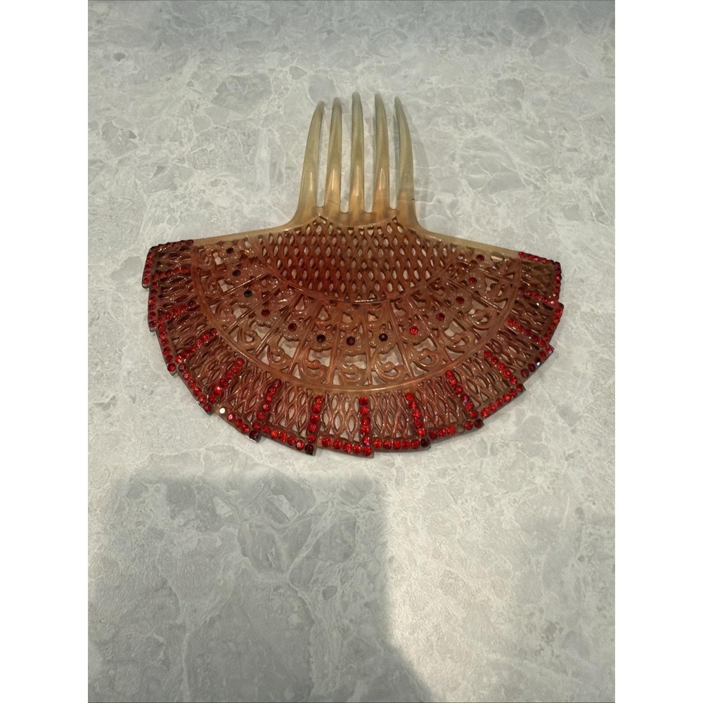 Vintage Hair Comb Art Deco  Celluloid Fan Design Red Rhinestones  6 In X 6 1/2. - Picture 3 of 5